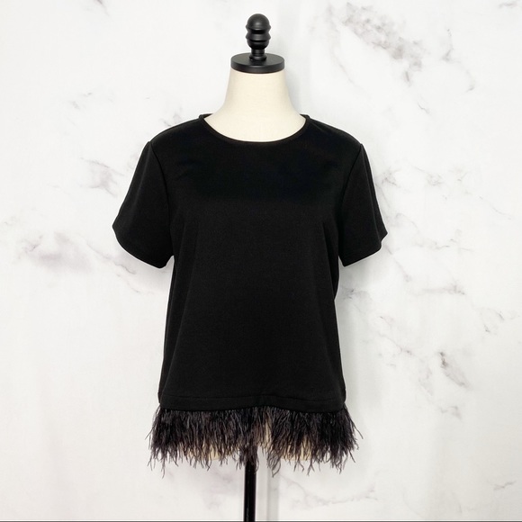 W5 Tops - W5 Black Feather Hem Short Sleeve Top Sz L